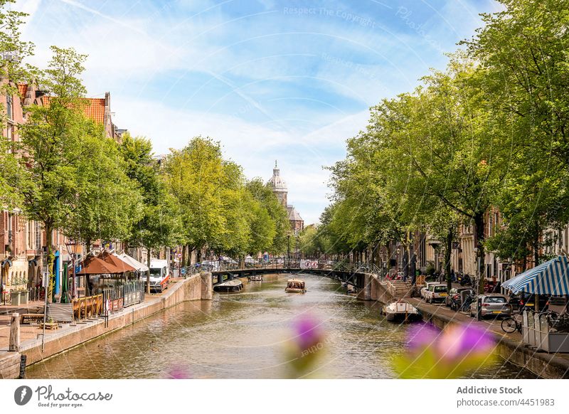 Old city canal between trees and buildings bridge old district historic architecture waterway stream flow street residential boat facade ripple history culture