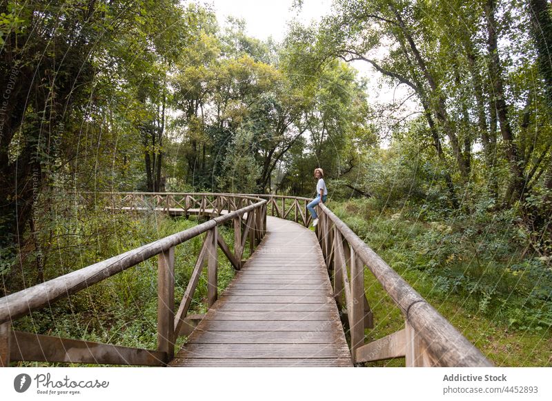 Woman contemplating green trees from footbridge in summer woman contemplate nature landscape environment ecology route direction fence natural material beam