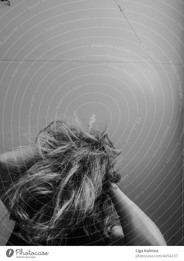 Woman playing with hair Hair Hair toss Hair and hairstyles Head Human being Black & white photo Shadow Adults Dark