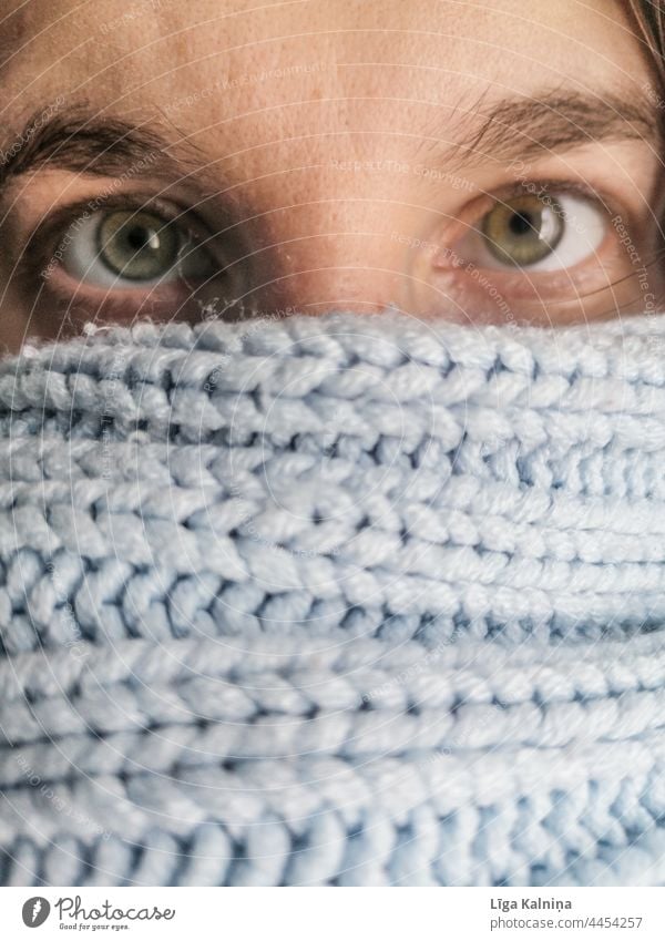 Green eyes of a woman Eyes Obscured obscured obscured face Detail Human being Scarf Knitted Adults Woman female Cozy Funny