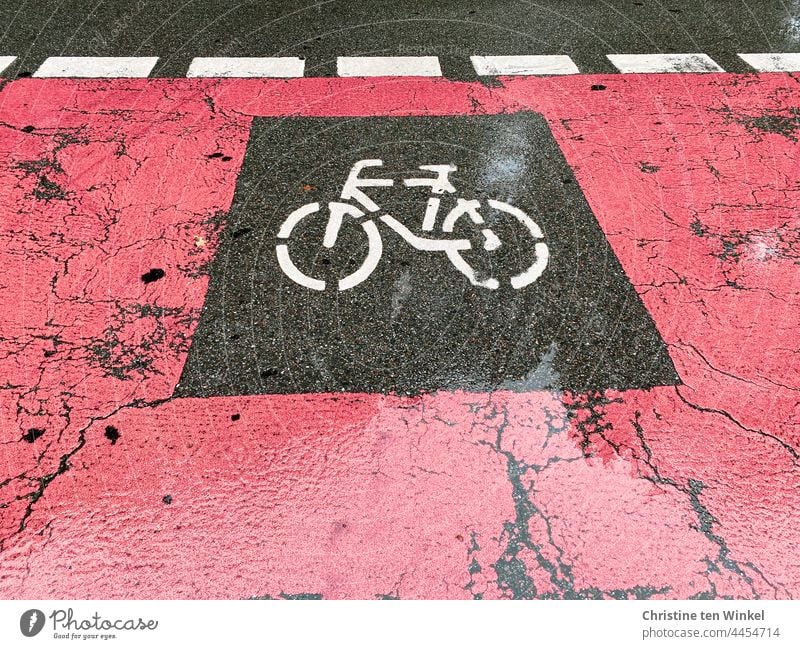 Wet red bike lane with bike pictogram Pictogram Bicycle Sign Signs and labeling Clue Cycle path Rainy weather Traffic infrastructure Lanes & trails Street