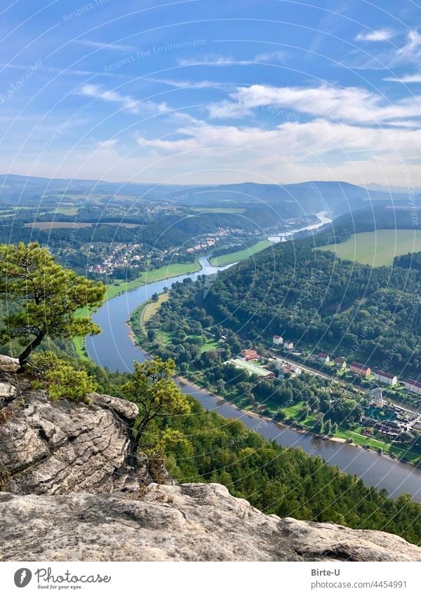 View from the Lilienstein in Saxon Switzerland River color picture Autumn Elbe Sky Vantage point wide Sun hike Hiking mountain height Peak Exterior shot