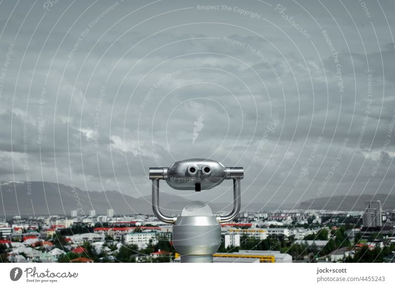 public coin telescope for view over the city Beautiful weather Vantage point Sky Clouds Panorama (View) Telescope Far-off places Horizon Reykjavík Iceland