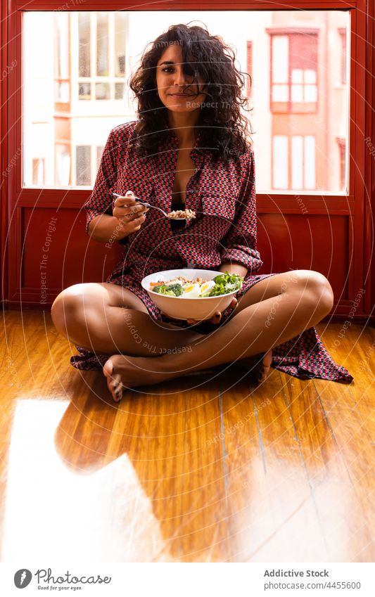 Young woman eating healthy lunch in bowl super food healthy food homemade nutrition diet salad female delicious chickpea fork lifestyle yummy appetizing
