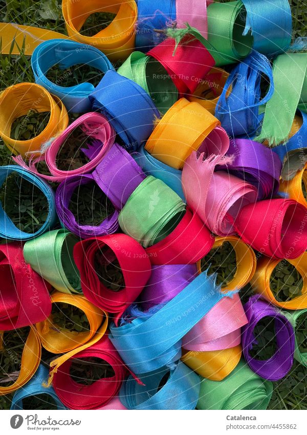 Many colorful ribbons, rolled into curls on grass tapes variegated Cloth Abrasion whorls Pattern Stripe fabric strip Convoluted Lie Grass Plant Day daylight