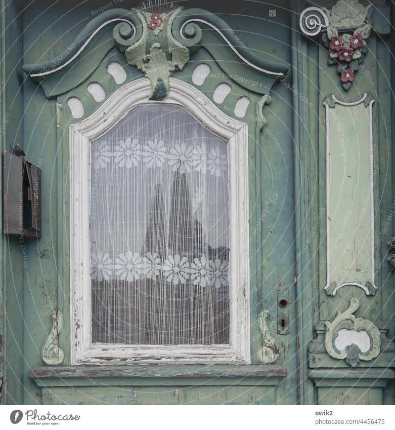 Lauenburg Wood Old Window Living or residing Idyll Detail Front door Entrance Long shot Deserted Ravages of time Past Glass Colour photo Subdued colour Safety