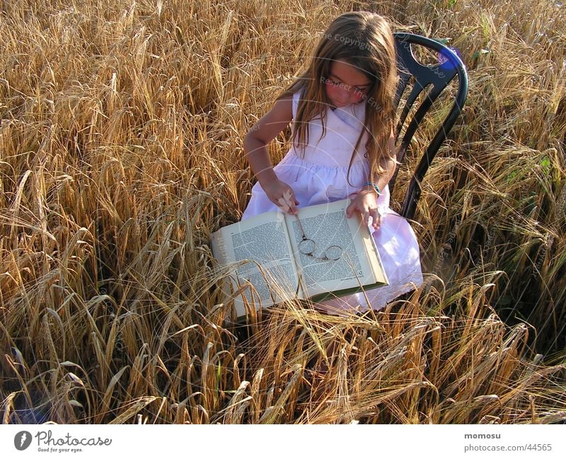 field - study Lorgnon Child Reading Hand Book Girl Summer Armchair Study Hair and hairstyles monocle Grain