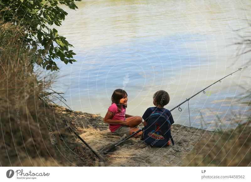 boy and girl fishing and having a deep conversation Study Leisure and hobbies Joy Girl fun Feeling of togetherness Catch Fish Brothers and sisters Sisters