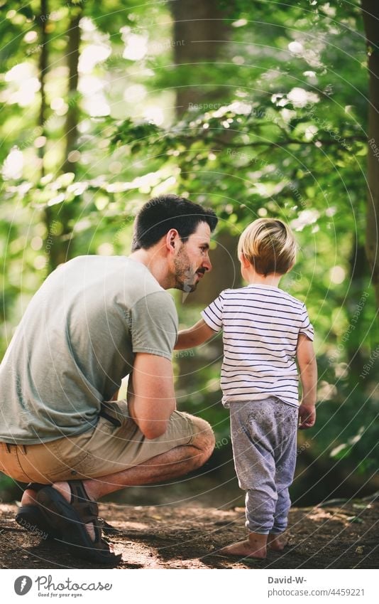Father and son together in the forest Son Explain at the same time in common Playing Forest dad Child Considerate Indicate Parents Nature out