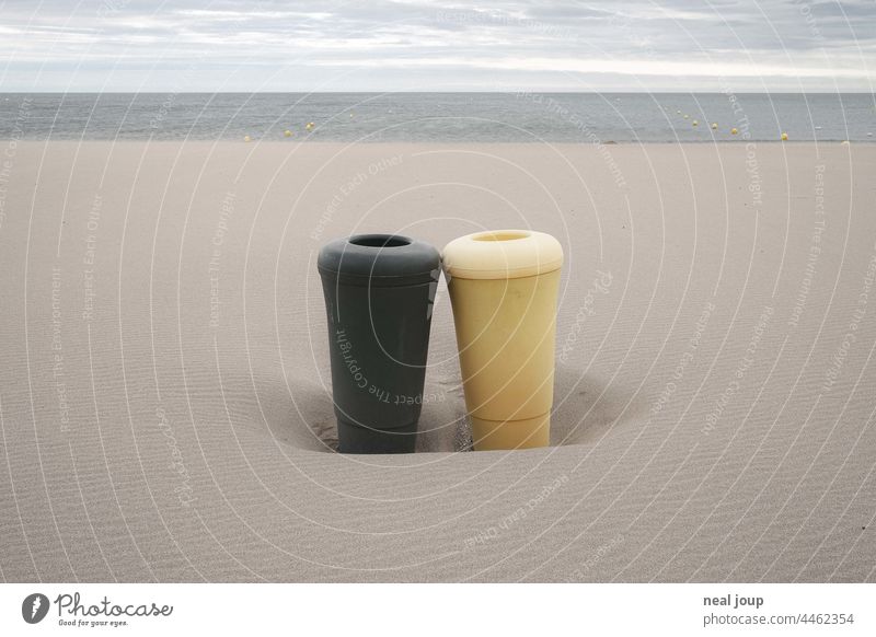 Two trash cans whisper privately on a deserted beach Ocean Beach Sand Deserted on one's own togetherness Couple Friends Vacation & Travel Loneliness