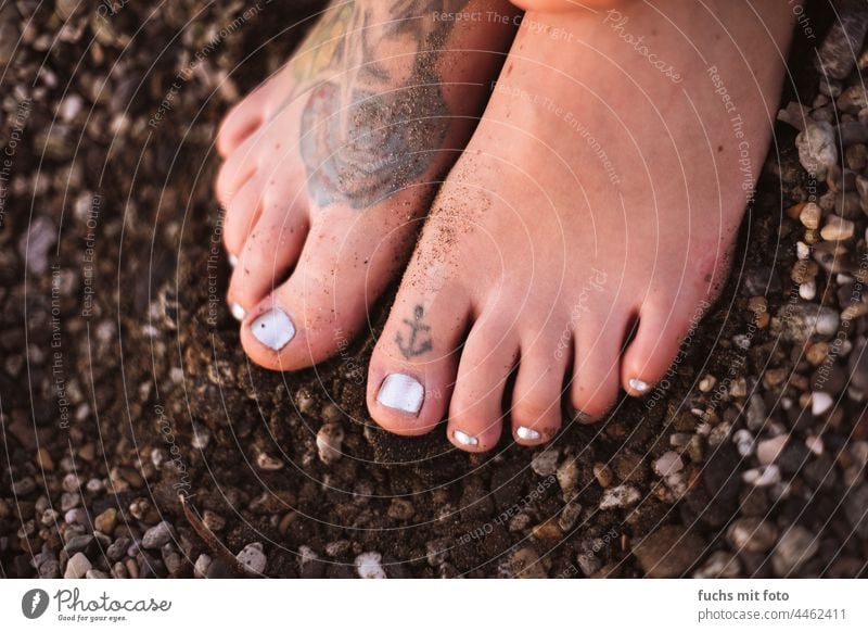 tattooed feet on beach, anchor tattoo on toe, nail polish, bare feet on gravel Tattoo Gravel Nail polish Anchor shark Shark Beach Ground Tattooed Women's Feet