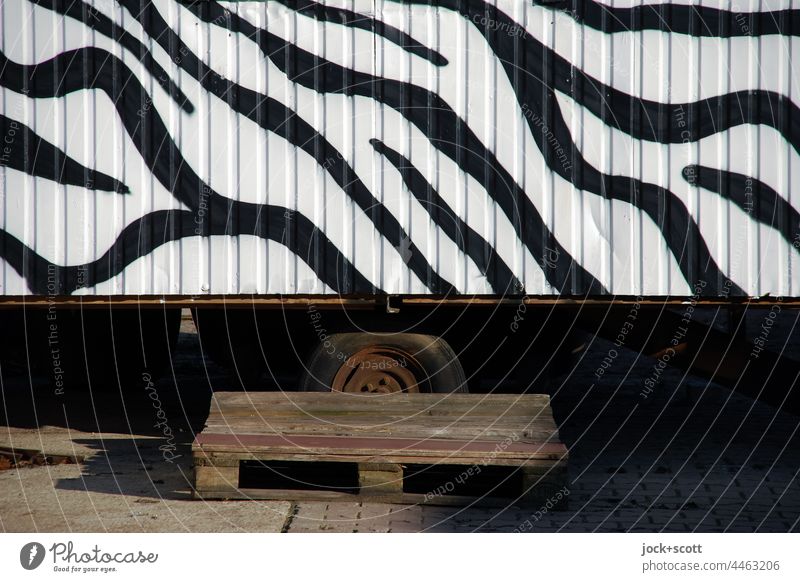 Construction trailer with zebra crossing Site trailer Zebra crossing Tire Structures and shapes Detail Abstract Pattern Board Stripe design Style Street art