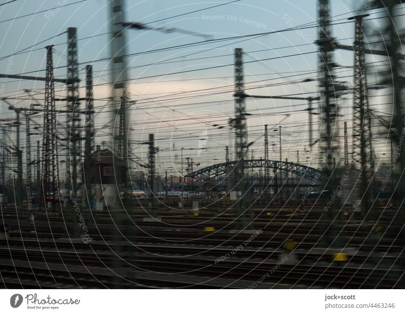 railway junction before daybreak Railway junction Transport system route Infrastructure Traffic infrastructure Leipzig Sky morning light Railroad system