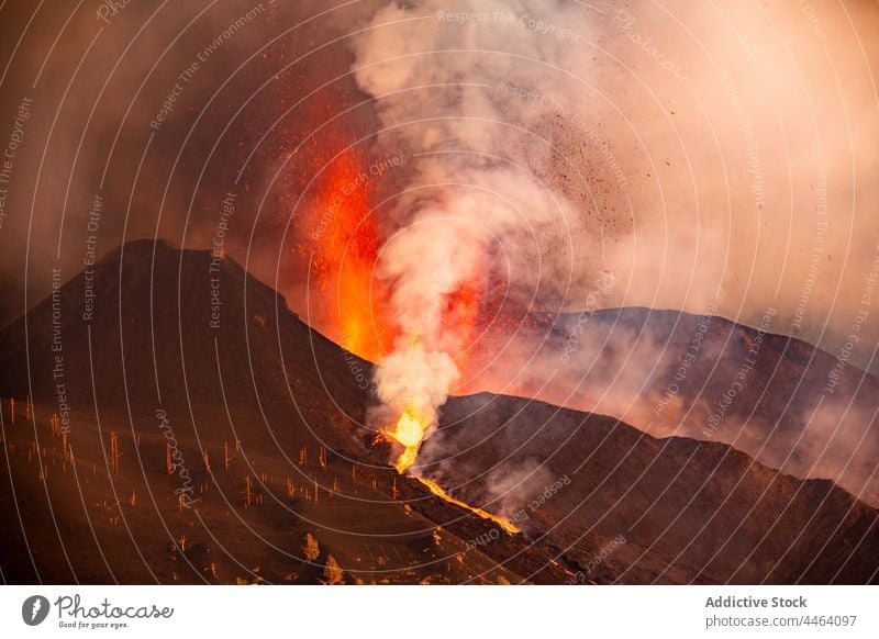 Volcanic eruption in La Palma Canary Islands 2021 volcano lava nature dangerous explosion fire smoke magma crater molten environment earth flame erupting