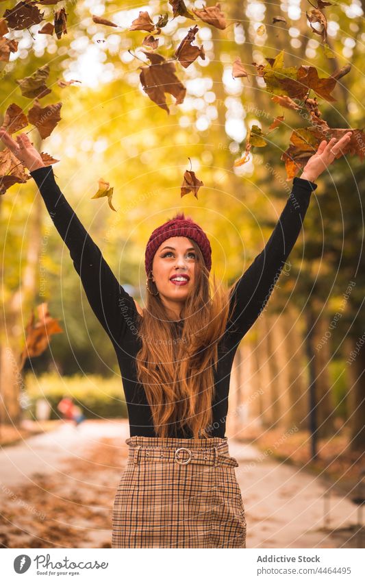 Smiling woman throwing autumn leaves in park leaf dry style heap carefree alley motion female trendy plant foliage fall hand raised hand up vegetate fair hair