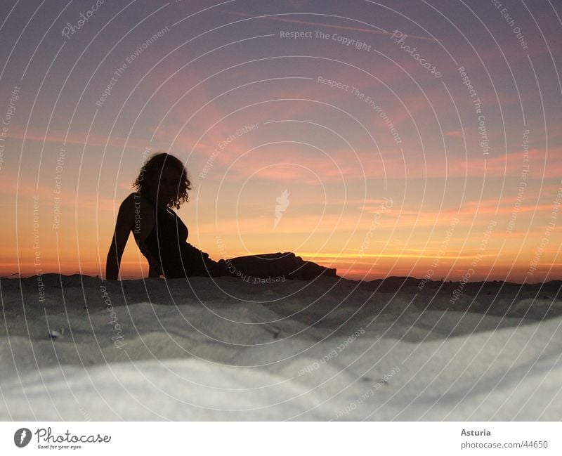 lady in black Sunset Woman Silhouette Violet Black Yellow Blonde Sand Baltic Sea Blue Orange Sky Evening Shadow Curl hot