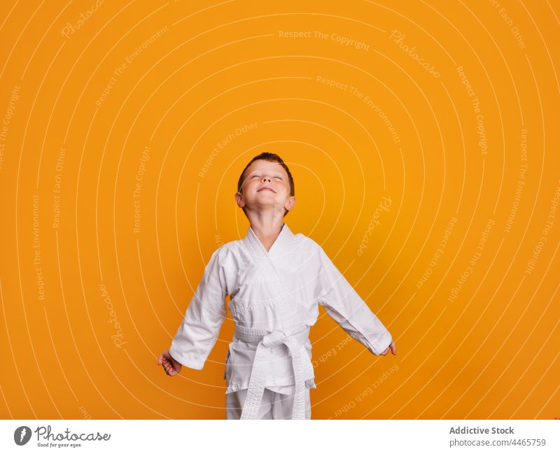 Smiling child looking at the ceiling boy kimono karate confident activity posture sport brave fight training studio shot athlete colorful kid fighter uniform