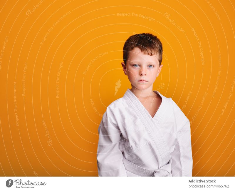 Serious boy in kimono uniform standing in bright studio karate sport martial serious courage stare activity combat fighter kid child childhood little culture