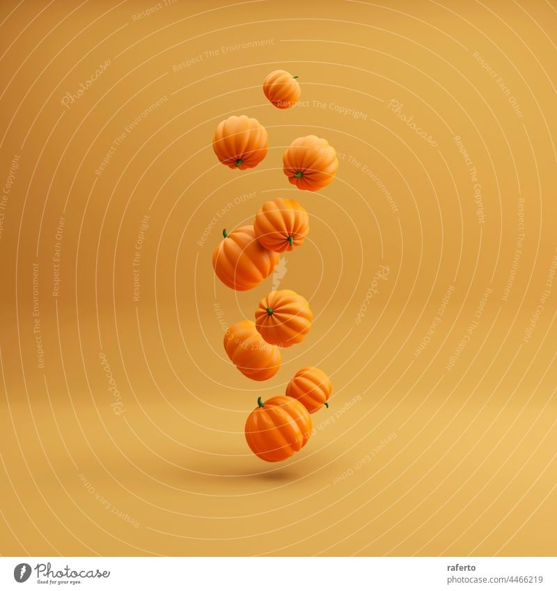 Flying Orange halloween pumpkins on orange background, holiday decoration. 3d render fly candy concept autumn above ghost horror party pastel spooky view