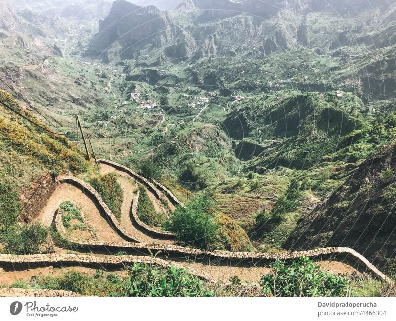 Mountain landscape with winding road mountain valley rock trip santo antao cape verde cabo verde africa slope path scenery travel picturesque tranquil