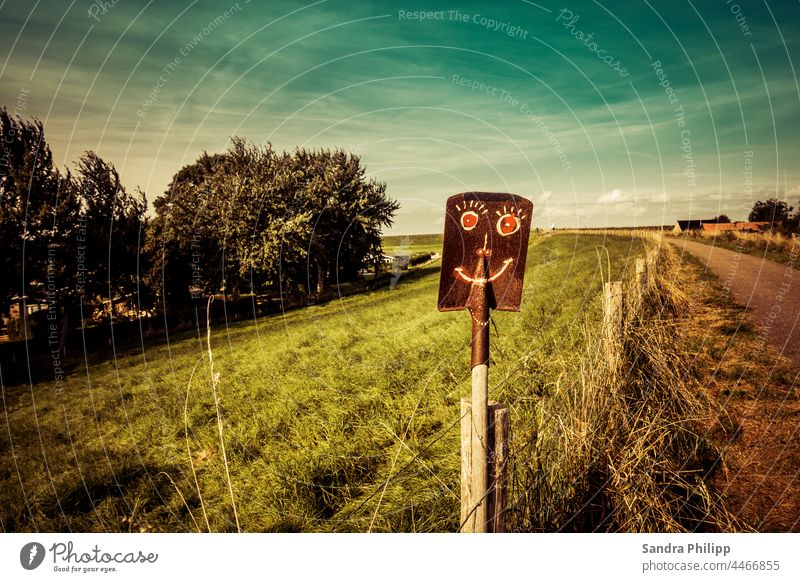 A painted face on a shovel stands by the wayside Shovel Face off Fence Sky Landscape Nature Exterior shot Street Lanes & trails Colour photo Deserted Grass