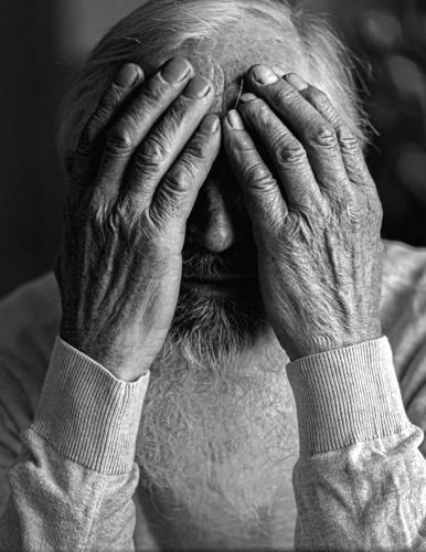 A tired, broken, resigned, preoccupied elderly man sits in front of a laptop, computer and covers his face with his hand. senior covered hands beard old older