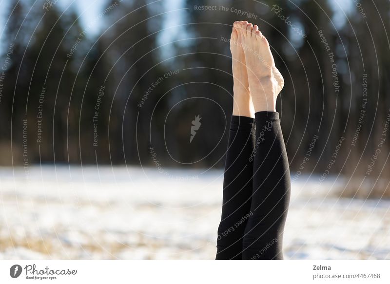 Close-up of legs bare foot of young attractive woman practicing yoga on snowy field sports athletic sitting meditating pose position people relaxing winter