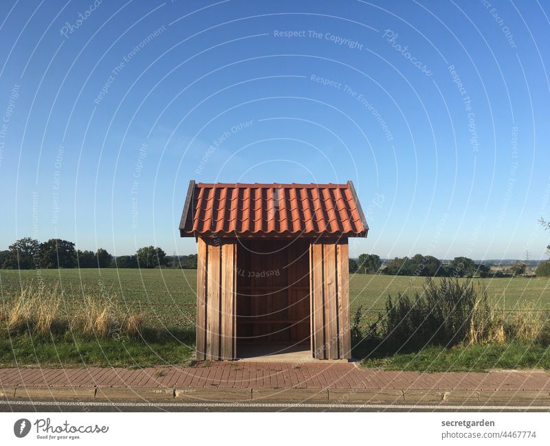 Tinyhouse. Bus stop Wait Time Sky clear Cloudless sky country Field Lonely Sidewalk Schedule Far-off places Weather Weather protection Architecture Roof
