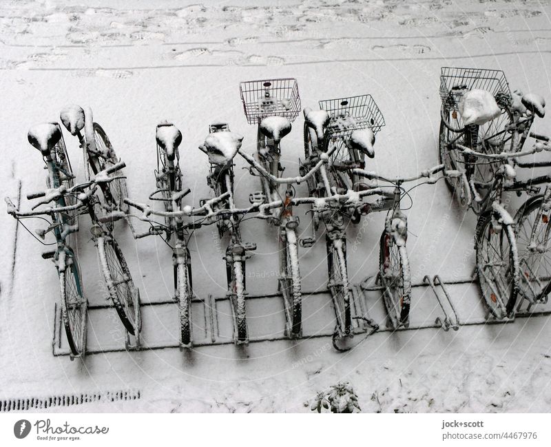 Bicycles in the snow Snow Backyard Winter Bird's-eye view Bicycle rack snowy Neutral Background turned off Means of transport Prenzlauer Berg Berlin Snow layer