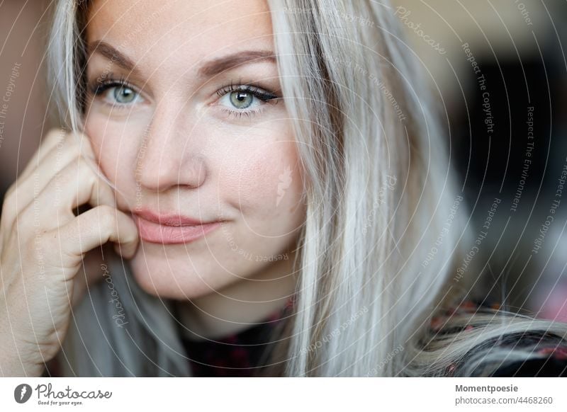 Blonde woman Woman portrait Smiling Long-haired green eyes Face feminine Authentic pretty naturally Young woman Esthetic Adults Beauty & Beauty Skeptical