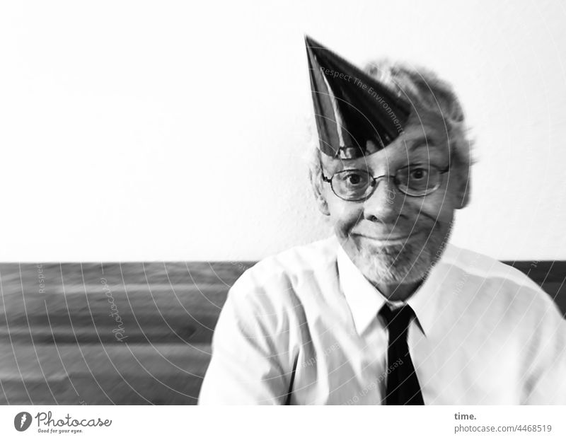 surreal | carnival muffle with tie, party hat and senile smile masculine Shirt Tie Facial hair Gray-haired Braille Smiling derranged off track