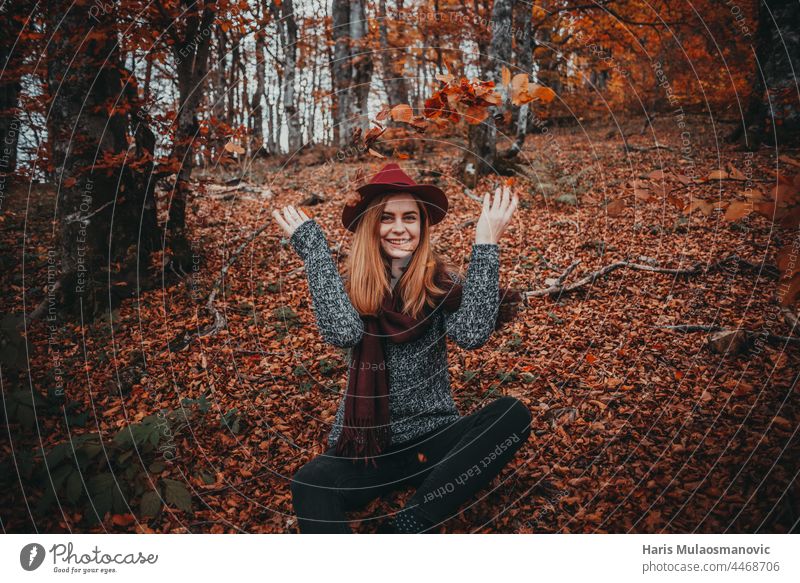 girl with hat enjoying autumn forest alone autumn colors autumn leaves autumn vibes background beautiful beautiful woman caucasian celebration clean closed eyes