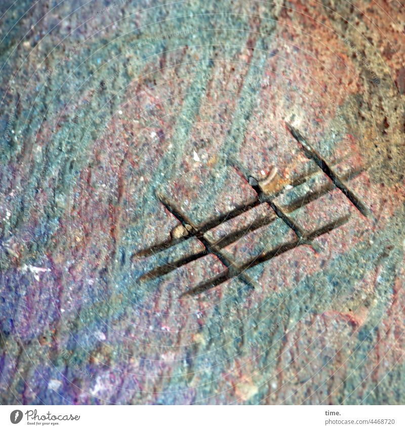lost places | line management floor notch mark lines variegated Sign Puzzle marking point Stone light reflex Imprint Impression recess crack Weight scratched