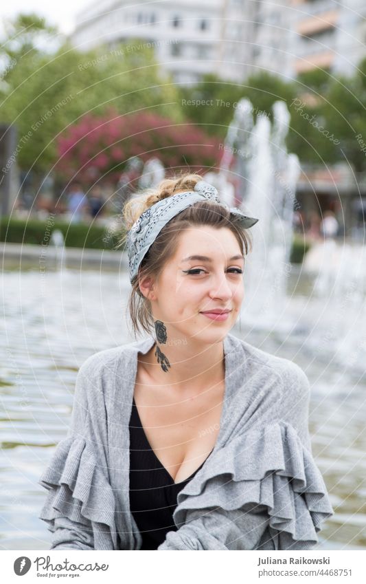 Pretty woman at the fountain Woman pretty Attractive portrait Youth (Young adults) Looking Brunette Caucasian Face Smiling Happy Human being naturally Cheerful