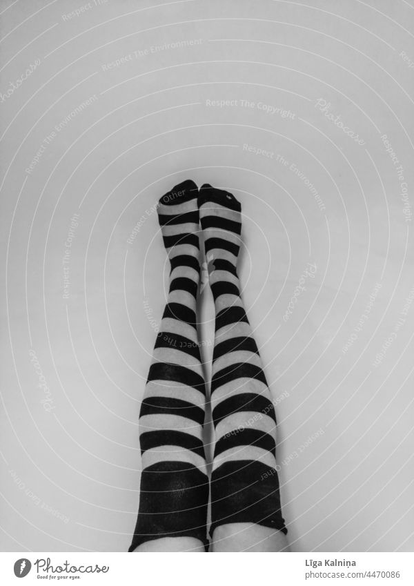 Legs in striped socks in black and white Socks Stockings Striped socks Feet Toes Human being Footwear Fashion Clothing