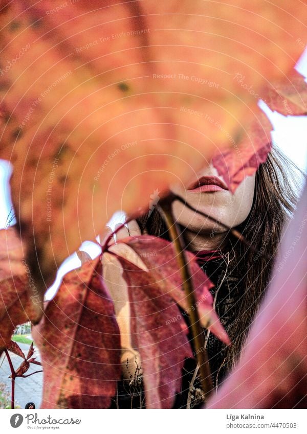 Lips hidden between Autumn leaves Mouth Woman Face Eyes Beautiful Lipstick Adults Make-up Feminine Human being Obscure Hidden Colour photo Autumnal