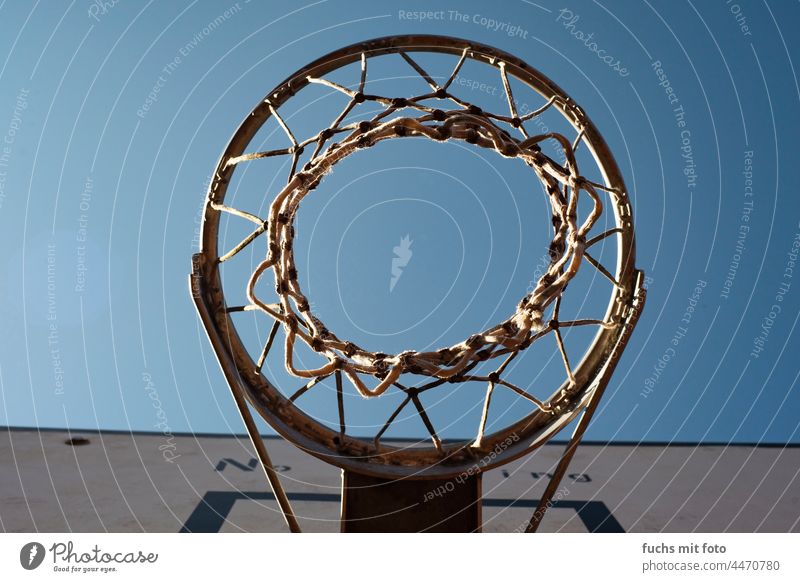 Basketball hoop from below Basketball basket Blue Sky Net no dunking Playing Ball Leisure and hobbies Ball sports Sports Throw Worm's-eye view Day darkening