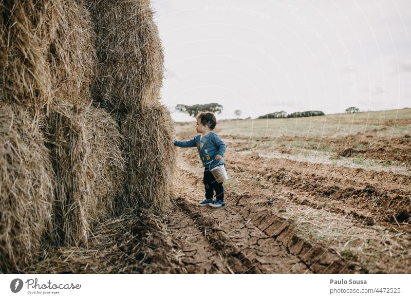Side view child playing with hay bales Child 1 - 3 years 1 Person Caucasian Boy (child) Nature Hay bale Autumn Infancy Human being Exterior shot Colour photo