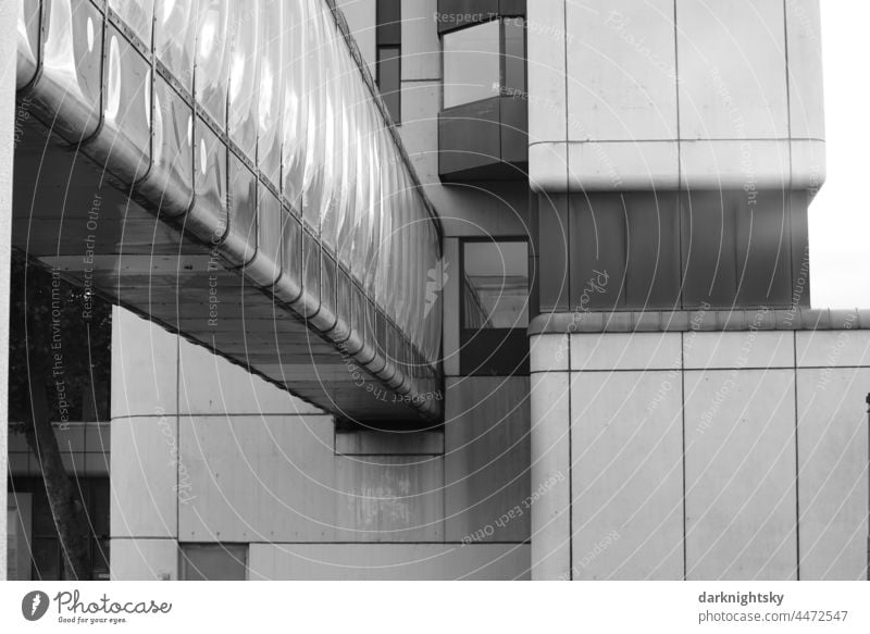 Building of the judiciary in modern architecture with bridge construction, which runs diagonally through the picture. Deep depth of field Structures and shapes