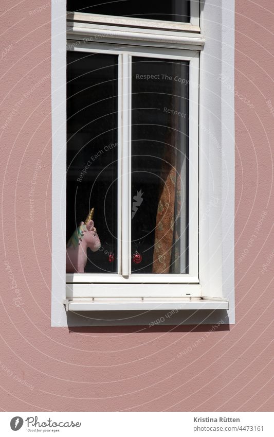 pink unicorn with golden horn stands in the window Window Mythical creature Pink Gold Cor anglais windowsill Insight Vantage point outlook Drape Curtain