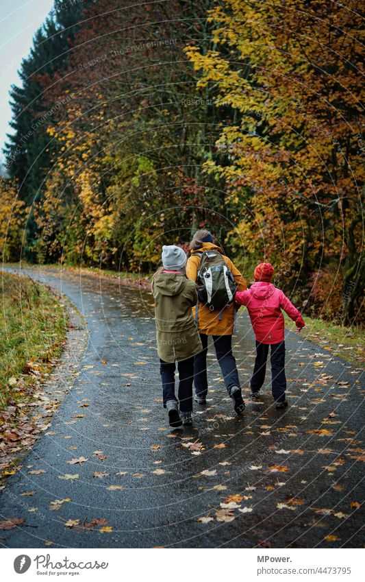 autumn hike Autumn Hiking Family Trip Family & Relations Nature Child Together Parents Vacation & Travel Joy Infancy Adults Exterior shot forest path Adventure