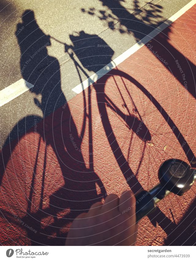 A shadow of my former self. Bicycle Climate climate reversal Red Asphalt Cycle path Shadow Sun hollandrad Bell Handlebars Cycling Exterior shot Colour photo