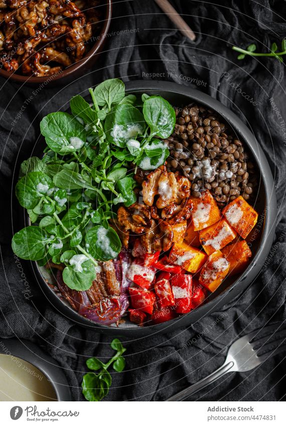 Salad with lentils and basil salad food vegetable serve cuisine meal culinary dressing stewpan ingredient bell pepper pumpkin leaf fresh dish appetizing tasty