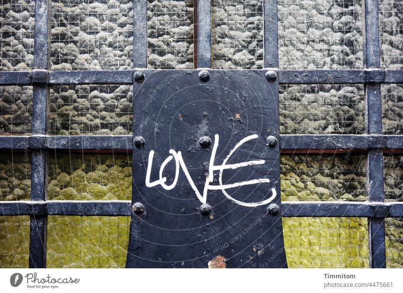 LOV€ is all you need door Glass Metal Grating Inscription Love Old Exterior shot Deserted Yellow Gray Black Letters (alphabet) Characters