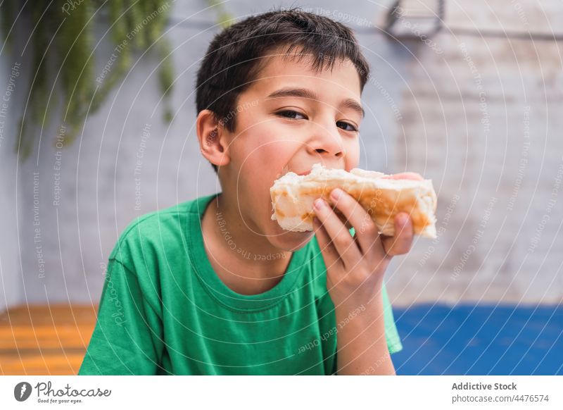 Hungry boy eating hot dog kid bread food childhood snack appetite bite hungry light room adorable cute tasty yummy delicious sweet fresh home edible appetizing