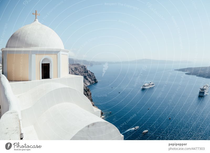 Santorini with ferry boats in the background Island Islands String of islands Greece Ocean Blue Exterior shot Mediterranean sea Cyclades the Aegean Colour photo