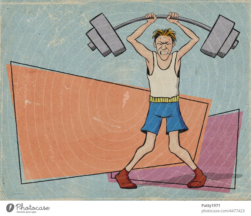 Athlete lifting weights in front of an orange area with space for text. Retro illustration in the style of the 50s, 60s Weight-lifter Fitness Dumbbell