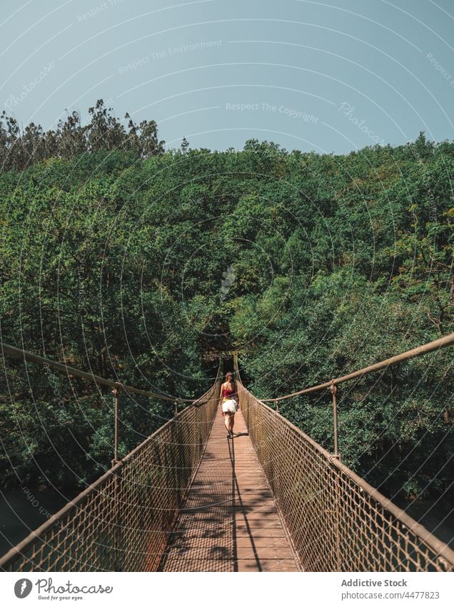 Traveling woman on bridge in forest traveler suspension park footbridge explore adventure female fragas do eume spain nature destination explorer woodland woods
