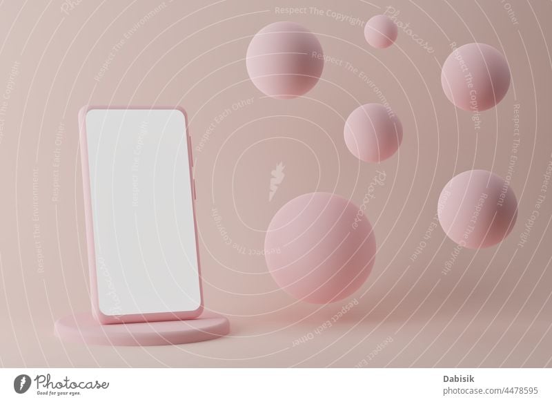 Modern smartphone on podium with flying bubbles on pink background, 3d render mockup sphere ball abstract color colorful template decoration shadow minimal