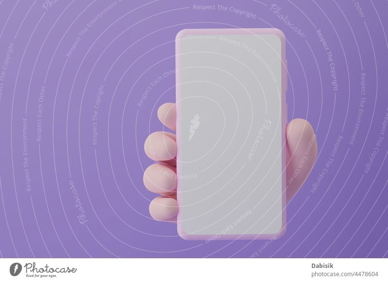 Animation hand holding smartphone with white screen on violet background, 3d illustration mockup mobile social character render app application cartoon